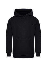 Sweat à capuche noir à manches longues avec poche kangourou avant et petit logo sur le côté gauche de la poitrine, poignets et ourlet côtelés.
