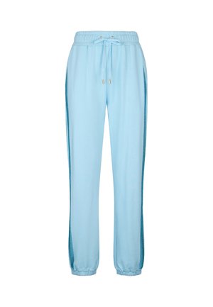Pantaloni da tuta azzurri chiari in tessuto morbido, con vita elastica e coulisse, pannelli laterali in rete e polsini aderenti alle caviglie.
