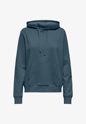 Teal hoodie made of soft cotton, featuring a front pocket, drawstring hood, and a subtle circular logo on the chest. Simple, casual design.