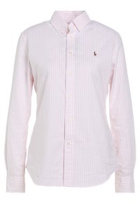 Knapp-Up skjorta i ljusrosa med vita vertikala ränder. Tillverkad av bomull, har en krage, långa ärmar och en broderad logotyp på bröstet.