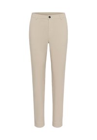 Pantalons beiges ajustés avec une coupe droite, fermeture à boutons devant et poches latérales. Fabriqués en tissu lisse et léger.