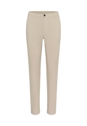 Pantaloni beige su misura con taglio dritto, chiusura frontale con bottone e tasche laterali. Realizzati in un tessuto morbido e leggero.