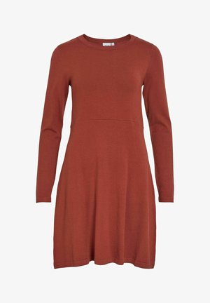 Rdzawobrunatna sukienka z długim rękawem, okrągłym dekoltem, dopasowanym topem i rozkloszowanym dołem. Wykonana z miękkiej dzianiny o gładkiej fakturze.