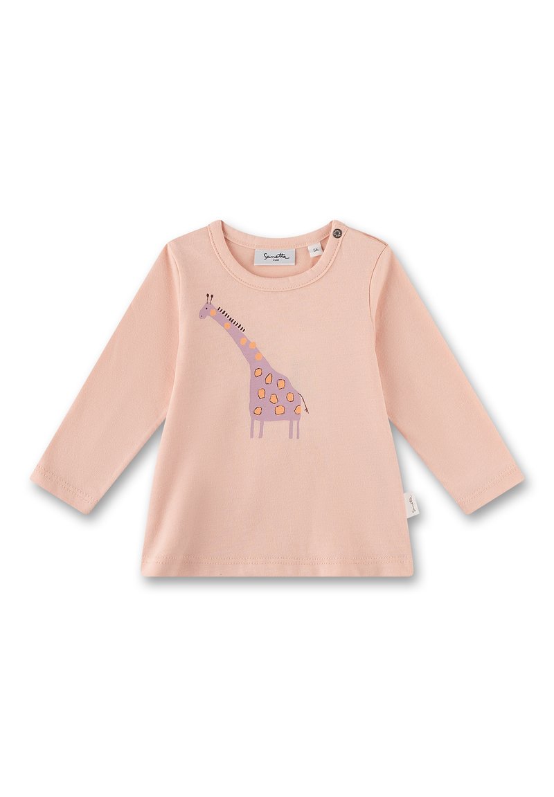 Langärmliges, weiches pinkes Shirt aus Baumwolle mit einem lila Giraffen-Graphic und rundem Ausschnitt; mit Knopfdetails an der Schulter.