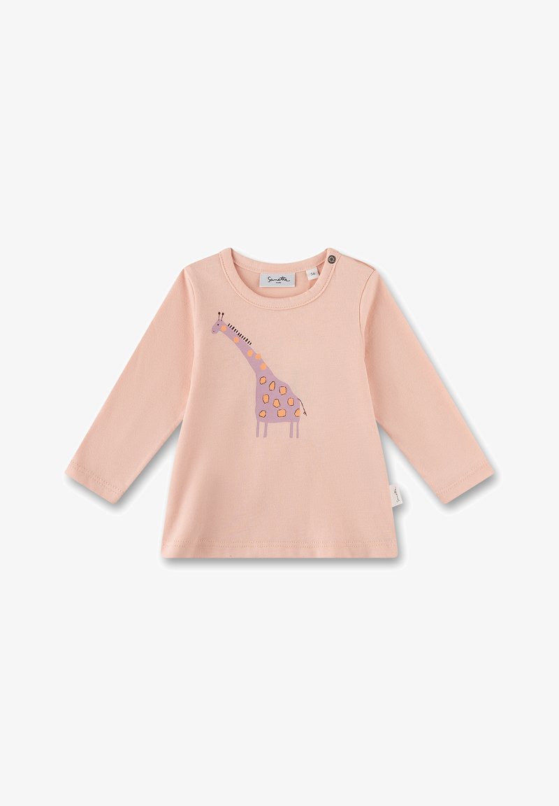 Langärmliges, weiches pinkes Shirt aus Baumwolle mit einem lila Giraffen-Graphic und rundem Ausschnitt; mit Knopfdetails an der Schulter.