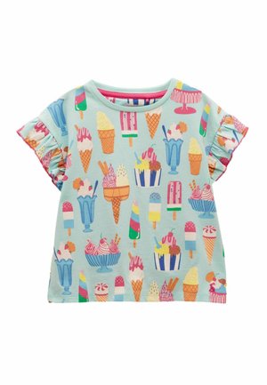 Lyseblå kortærmet skjorte med flæser på ærmerne, dekoreret med farverige mønstre af isvafler, ispinde og isdessert.