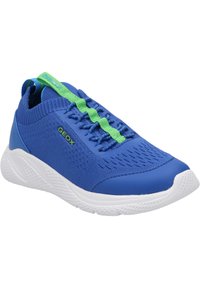 Zapatillas deportivas azules hechas de malla y material sintético, con acentos verdes, superficie texturizada y una suela de goma blanca con perforaciones.