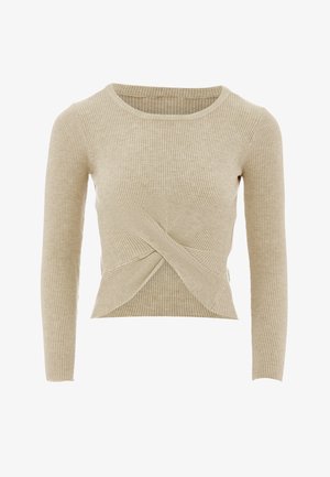 Beige ribbet langærmet top med en snoet frontdesign, der har rund halsudskæring og tætsiddende silhuet, lavet af blødt strikstof.
