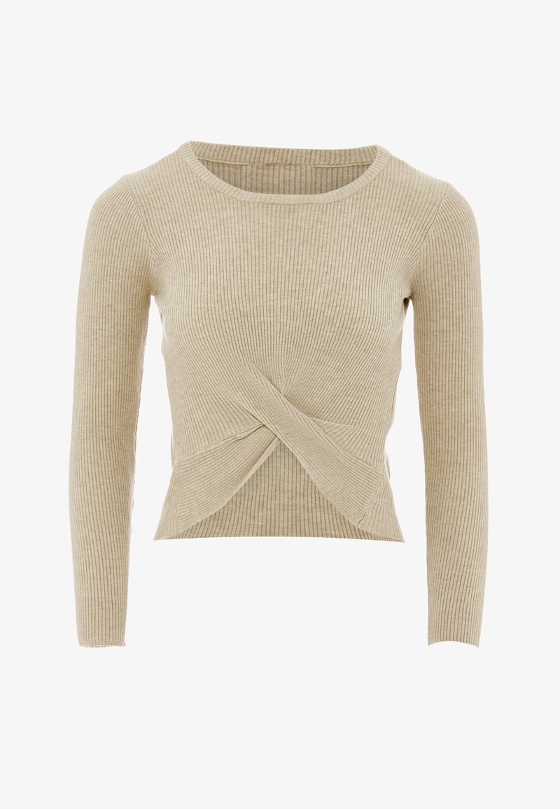 Vaaleanbeige ribattu pitkähihainen paita, jossa on kierretty etuosa. Paita on varustettu pyöreällä kaula-aukolla ja naisellisella, vartalonmyötäisellä siluetilla, ja se on valmistettu pehmeästä neulekankaasta.