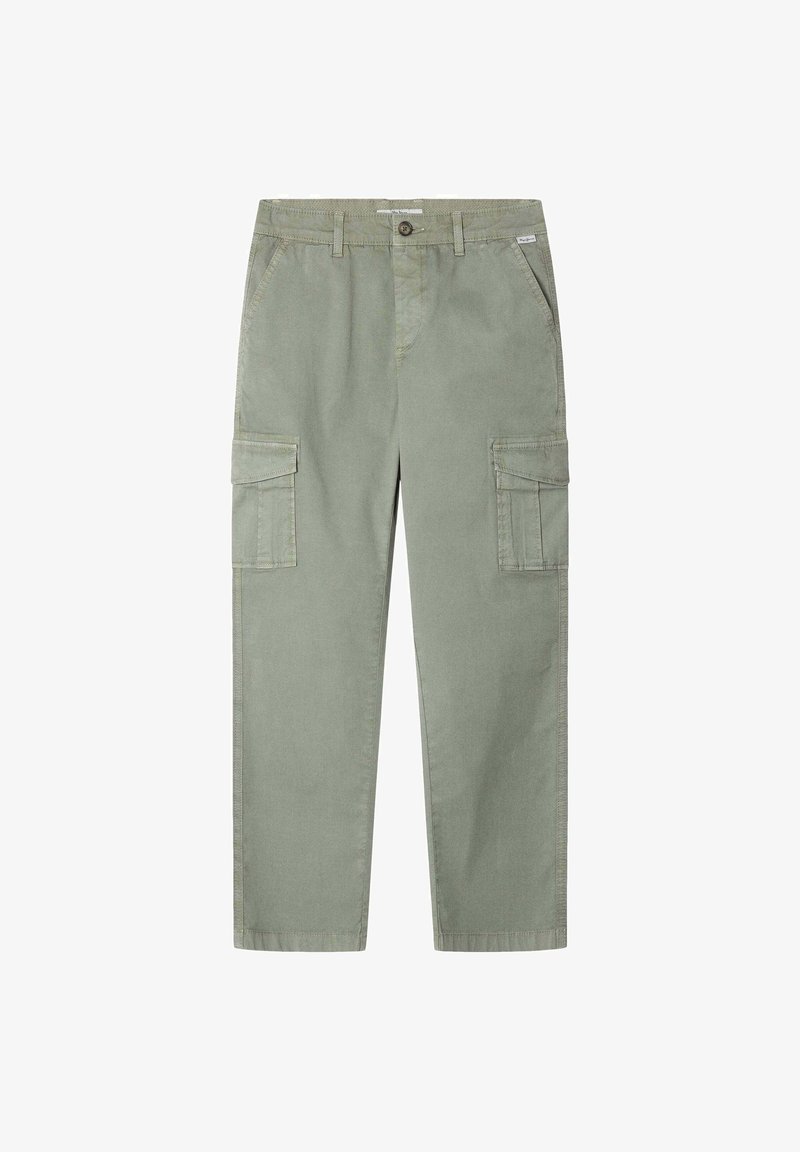 Cargo hlače iz svetlo zelene tkanine, z naravnim krojem nogavic, več stranskimi žepi in šiviljskimi podrobnostmi. Gladka tekstura in trpežen material.