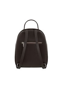 Zaino in pelle nera con forma arrotondata, superficie testurizzata, spallacci doppi e dettaglio con zip argentata sul fronte.