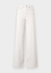 Pantalon blanc en velours côtelé taille haute, jambes larges, fermeture par bouton et zip, poches avant et ourlet net.