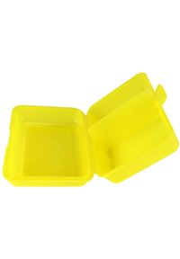Yellow lunch box made of plastic, featuring a square shape, a hinged lid, and a divider for compartments inside.