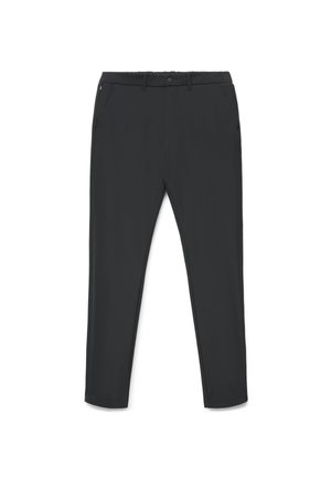 Pantaloni neri slim-fit con passanti per cintura, due tasche laterali e chiusura con bottone in vita, mostrati distesi su sfondo bianco.