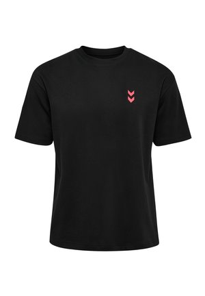 Svart kortärmad t-shirt i bomull, med en mjuk textur och en rosa zigzag-logotyp på vänster bröst.
