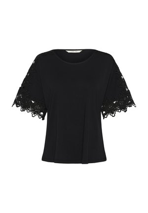 Juoda trumpa rankovė viršuje su ištaigingomis nėrinių puošmenomis ant rankovių. Minkšta medžiaga, apvalus kaklo iškirpimas ir klostuotas dizainas priekyje.