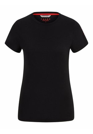Camiseta atlética negra ajustada y leggings hechos de tela elástica. Manga corta, cuello redondo, textura suave y minimalismo en la marca.