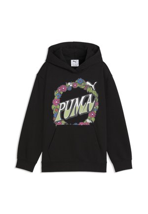 Czarna bluza z kapturem z motywem kwiatowego wieńca i dużym stylizowanym tekstem "PUMA" na środku, z małym logo Puma w prawym górnym rogu.