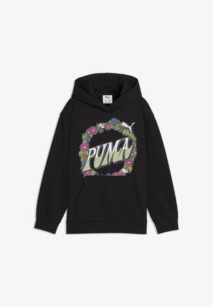 Czarna bluza z kapturem z motywem kwiatowego wieńca i dużym stylizowanym tekstem "PUMA" na środku, z małym logo Puma w prawym górnym rogu.