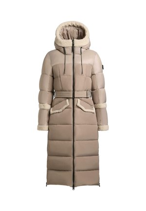 Beige gepolsterter Mantel mit hohem Kragen und abnehmbarem Kapuzen. Besitzt eine strukturierte Borte, zwei Vordertaschen und eine taillierte Taille mit einem Gürtel.