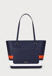 Lauren Ralph Lauren STRIPED LEATHER MEDIUM KARLY TOTE BAG - Maisiņveida soma - refined navy/orange/white