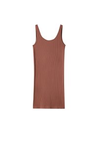  Débardeur marron à côtes avec des fines bretelles et une coupe ajustée, arborant un col en U et une texture douce.
