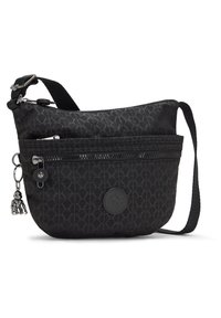 Black nylon crossbody bag featuring a geometric pattern, zippered front pocket, adjustable strap, and a decorative charm. Round logo accent.