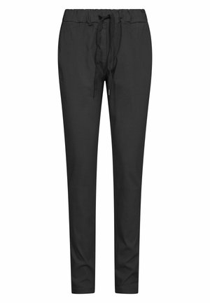 Crne hlače uskog kroja s elastičnim pojasom i podesivim vezicama, prikazane sprijeda, bez vidljivih džepova.