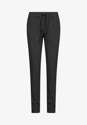 Crne hlače uskog kroja s elastičnim pojasom i podesivim vezicama, prikazane sprijeda, bez vidljivih džepova.