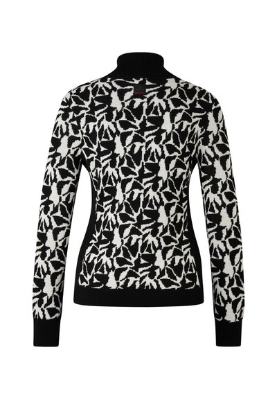 Maglione nero e bianco lavorato a maglia con motivo floreale, collo alto, maniche lunghe e polsini a coste. Tessuto liscio, design aderente.
