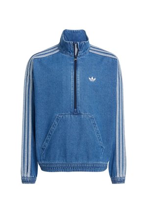Blauwe denim Adidas trainingsjas met wit logo op de borst en drie strepen langs de schouder en mouw.