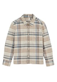Rutig skjorta i tyg i beige, blå och bruna toner. Har en knäppning fram, krage och två bröstfickor. Långa ärmar.