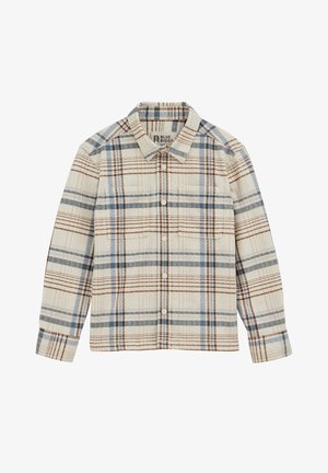 Karirana srajca iz blaga v bež, modrih in rjavih tonih. Ima sprednje gumbke, ovratnik in dva žepa na prsih. Ima dolge rokave.