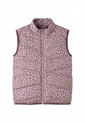 Chaleco sin mangas acolchado rosa con patrón de leopardo púrpura y cremallera frontal, diseñado para brindar calor y estilo.