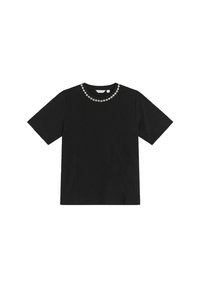 Svart kortärmad t-shirt med en rund halsringning prydd med en rad små dekorativa blommor. Slät, bomullsliknande textur.