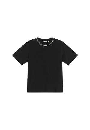 Zwarte T-shirt met korte mouwen, voorzien van een ronde halslijn versierd met een rij kleine decoratieve bloemen. Gladde, katoenachtige textuur.