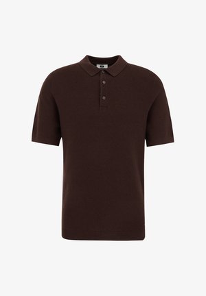 Bruine polo met korte mouwen, gemaakt van een textuurstof, met een drukknoopsluiting en ribbelkraag en -zoom.