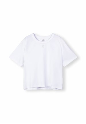 T-shirt bianco in cotone con collo rotondo, maniche corte e design cropped. Presenta un piccolo logo vicino al collo e un orlo finito.