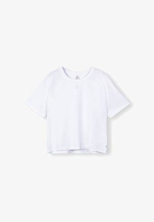 Hvid bomulds t-shirt med rund hals, korte ærmer og cropped design. Har et lille logo nær halsudskæringen og en indsyet bund.