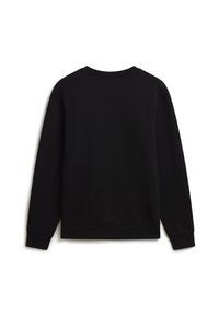 Sudadera negra de pullover con mangas largas, escote redondo y puños y dobladillo acanalados. Textura suave, sin patrones o acentos visibles.