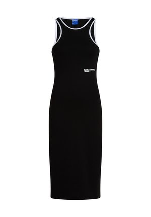 Vestido negro sin mangas con ribete blanco, ajustado y de longitud a la rodilla. Presenta un logo en el pecho, confeccionado con una tela suave y con ligero estiramiento.