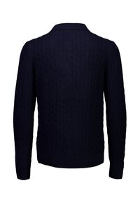 Dunkelblauer Kabelstrick-Cardigan mit Kragen, langen Ärmeln, gerippten Bündchen und strukturiertem Muster im gesamten Design.