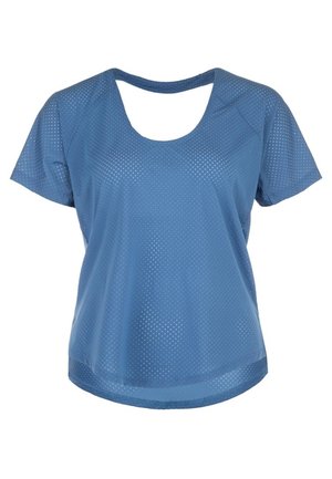 T-shirt de sport bleu à manches courtes avec encolure arrondie et petits trous perforés sur tout le tissu pour la respirabilité.