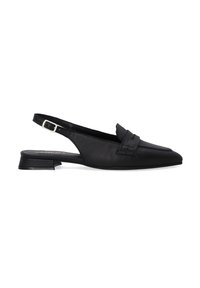 Czarne skórzane buty na odkrytej pięcie z wydłużonym noskiem, niskim obcasem w kształcie bloku oraz ozdobnym wiązaniu z przodu. Gładka tekstura, minimalistyczny design.