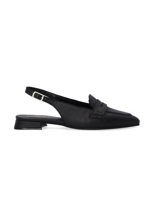 Schwarze Leder-Slingback-Schuhe mit spitzem Zeh, niedrigem Blockabsatz und dekorativem Knoten detail an der Vorderseite. Glatte Textur, minimalistisches Design.