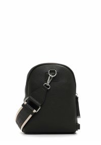 Black textured leather crossbody bag with silver clasp and wide black and beige adjustable fabric strap.