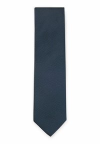 Marinblå slips med ett strukturerat mönster, smal form och spetsig ände, tillverkad av vävt tyg.