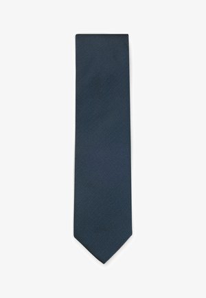 Marineblauer Krawatte mit strukturiertem Muster, schmaler Form und spitzem Ende, aus gewebtem Stoff.