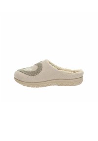 Pantofole beige con tessuto testurizzato, morbida fodera e suola in gomma imbottita. Presentano un design curvo e un accento decorativo sul la tomaia.