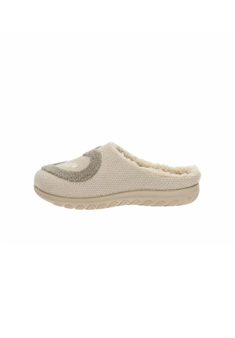 Pantofole beige con tessuto testurizzato, morbida fodera e suola in gomma imbottita. Presentano un design curvo e un accento decorativo sul la tomaia.